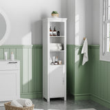 White corner bathroom cabinet with blind door and shelves for towels and bottles