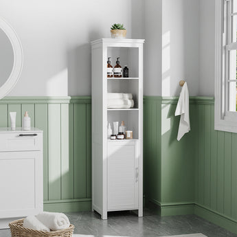 White corner bathroom cabinet with blind door and shelves for towels and bottles