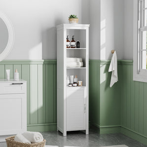 White corner bathroom cabinet with blind door and shelves for towels and bottles