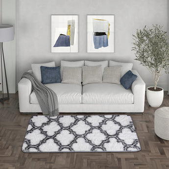 Grey and white geometric indoor shag area rug, trellis pattern on soft pile