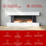 White electric fireplace mantel with realistic flame effect and log-and-stone bed