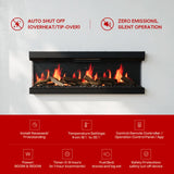 Black electric fireplace with bright orange flames and control panel on mantel