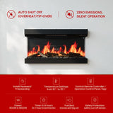 Black electric fireplace with glowing flames and recessed mantel, wall-mounted