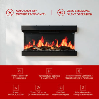 Black electric fireplace with glowing flames and recessed mantel, wall-mounted