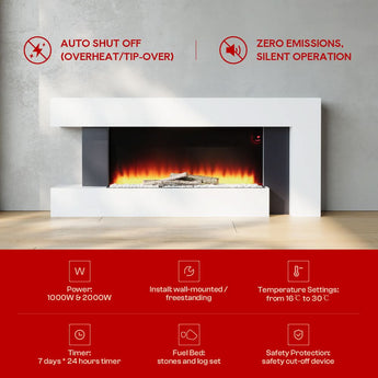 White freestanding electric fireplace with rectangular frame and glowing flame view