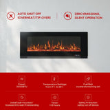 Black glass wall-mounted LED electric fireplace insert with glowing flame view
