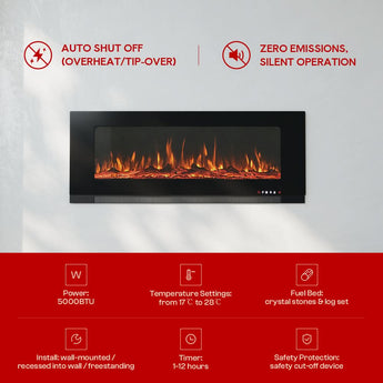 Black glass wall-mounted LED electric fireplace insert with glowing flame view