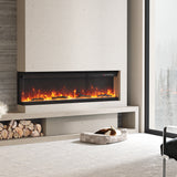 60-inch electric fireplace with realistic flame bed behind glass, set in white surround
