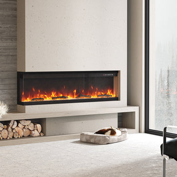 60-inch electric fireplace with realistic flame bed behind glass, set in white surround