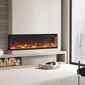 60-inch electric fireplace with realistic flame bed behind glass, set in white surround