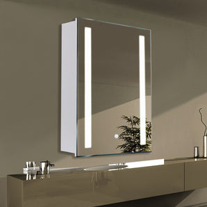 Wall-mounted LED mirror medicine cabinet with open shelves and vertical light strips