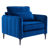 Blue single armchair sofa with wide arms, thick seat cushion, and tall backrest