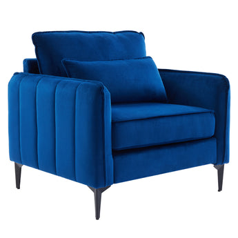 Blue single armchair sofa with wide arms, thick seat cushion, and tall backrest
