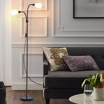 Double Heads Floor Lamp, black metal frame with two white lamp shades