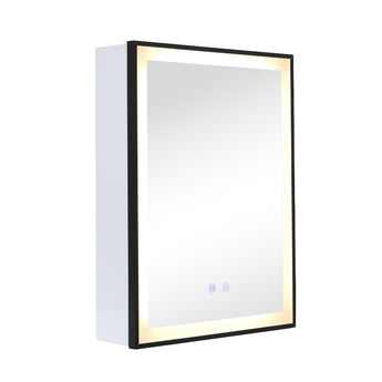 Anti-fog LED mirror cabinet with black frame, illuminated edge light and touch buttons