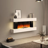 White electric fireplace mantel with bright flame display and log/coal effect