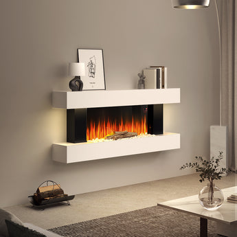 White electric fireplace mantel with bright flame display and log/coal effect