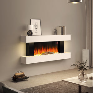 White electric fireplace mantel with bright flame display and log/coal effect