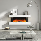Wall-mounted electric fireplace mantel with glowing orange flames and log bed