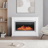 White electric fireplace heater insert with LED flames behind glass