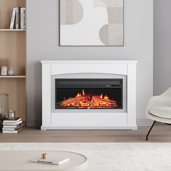 White electric fireplace heater insert with LED flames behind glass