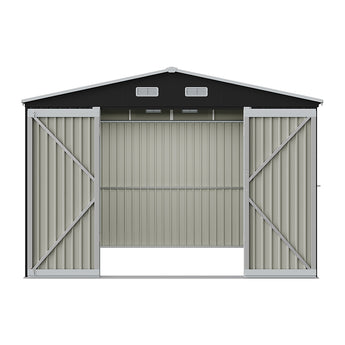 Metal storage shed with open double doors, vented roof panels, and windowless side walls