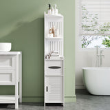 White narrow corner storage cabinet with open shelves and hinged louver door