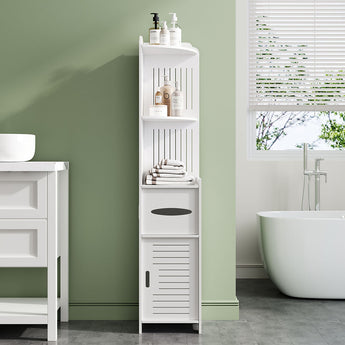 White narrow corner storage cabinet with open shelves and hinged louver door