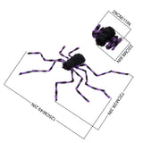 Purple and black Halloween spider decoration with striped legs and size diagram
