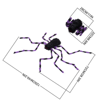 Purple and black Halloween spider decoration with striped legs and size diagram