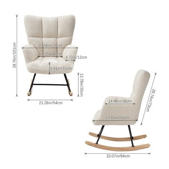 Sherpa rocking chair size diagram with front and side views; tufted back and wood rockers
