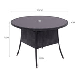 Round outdoor table with parasol hole, dark round tabletop on four legs.