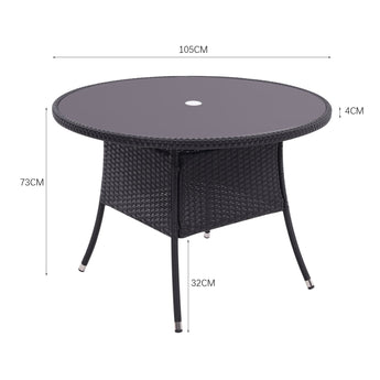 Round outdoor table with parasol hole, dark round tabletop on four legs.