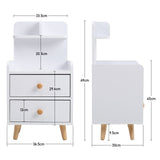 Dimensions view: white bedside table with 2 drawers and open shelf, round wood knobs
