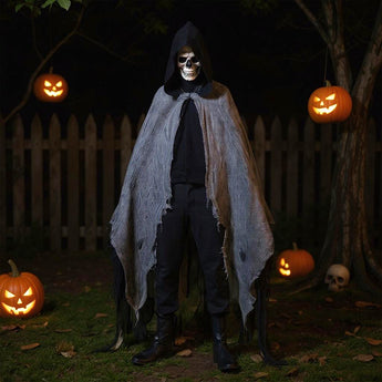 Hooded Halloween costume with skull mask and gray tattered cape, dark pants