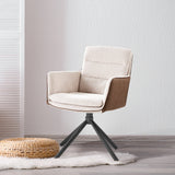 Adjustable accent chair with beige linen cushion, brown armrests, black tripod base
