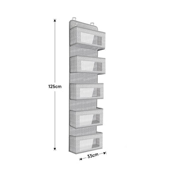Grey 5-pocket over-door organizer dimensions shown: 125 cm tall, 33 cm wide