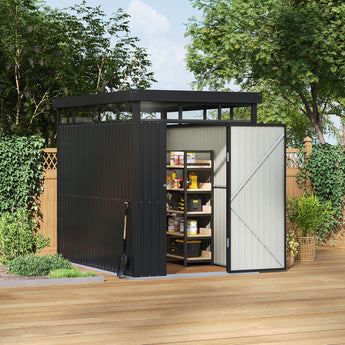 Lockable metal garden storage shed, flat roof, dark gray and light gray double doors, window vent