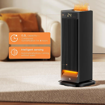 Black PTC heater on a carpet base with visible vertical heating grille and display