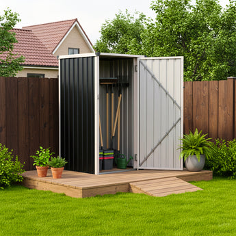 Anthracite metal garden storage shed with double doors open on a small deck