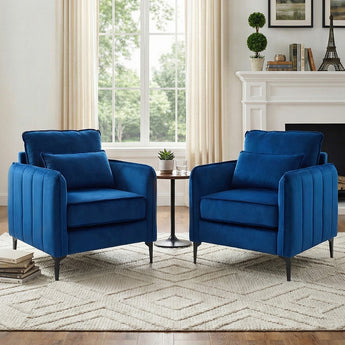 Blue single armchair sofa with tufted backrest, padded arms, and cushioned seat