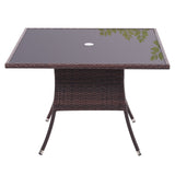 Brown square outdoor table with center parasol hole and woven legs