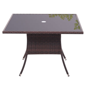 Brown square outdoor table with center parasol hole and woven legs