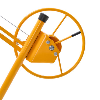 Drywall lifter steering wheel, yellow frame with black handle and metal fasteners