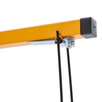 Yellow beam with spring latch and hanging lift cables, black support rods