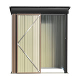 Outdoor metal shed front view with one door open, diagonal brace, brown and gray panels