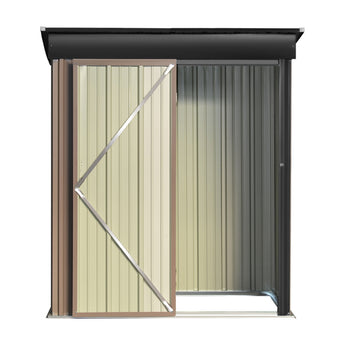 Outdoor metal shed front view with one door open, diagonal brace, brown and gray panels