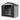 Large plastic storage shed with open front doorway and dark interior