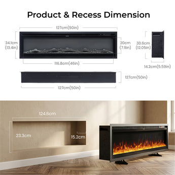 Black electric fireplace insert with dimensional diagram for recessed and wall-mount fit