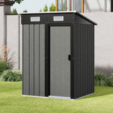 Grey metal garden storage shed with sliding door and vented roof fascia